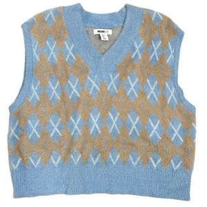 William Rast Womens Argyle Sweater Vest Large Cropped Fuzzy Knit Top Academic